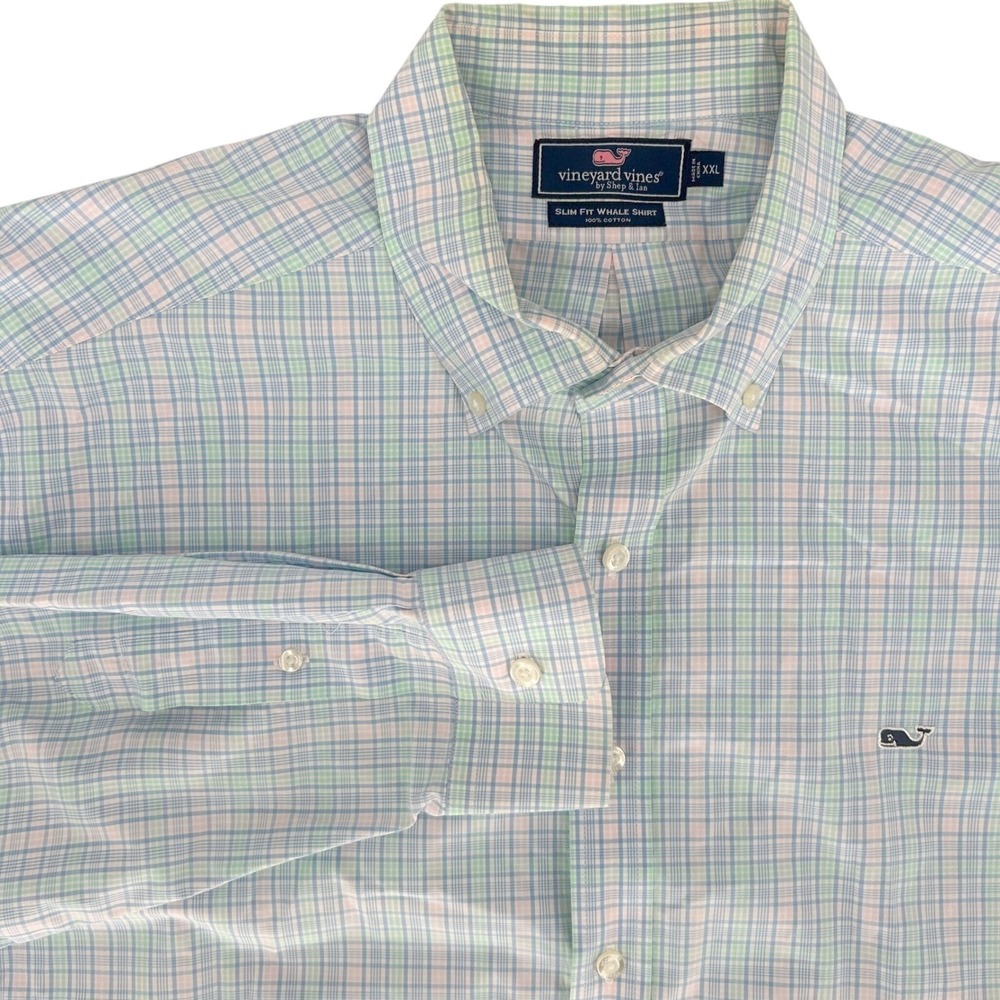 Vineyard Vines Mens Button Down Shirt XXL Blue Pink Plaid Slim Fit  Coastal